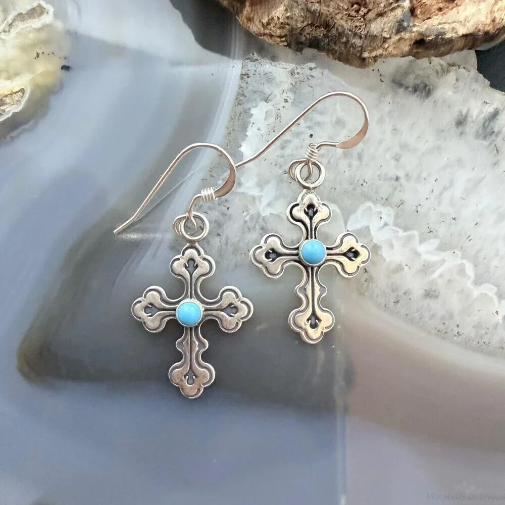 Sterling Silver Southwestern Style Turquoise Cross Dangle Earrings For Women